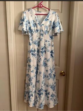 Blue Floral V-Neck Midi Dress for Women
